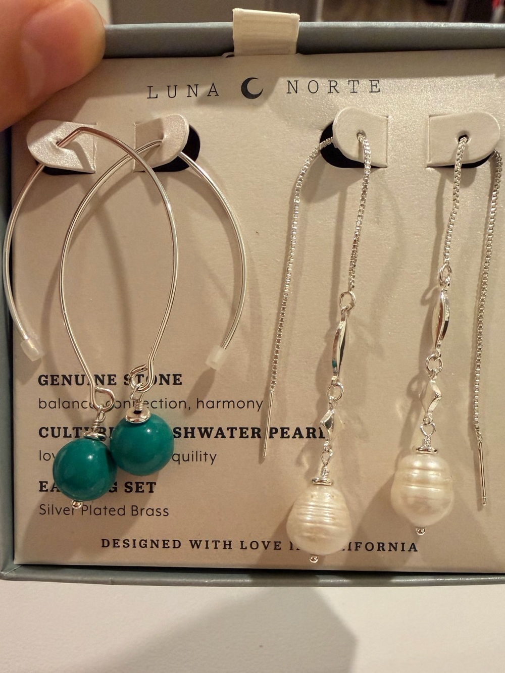 Luna Norte Silver-Plated Teal Stone & Pearl Earring Set
